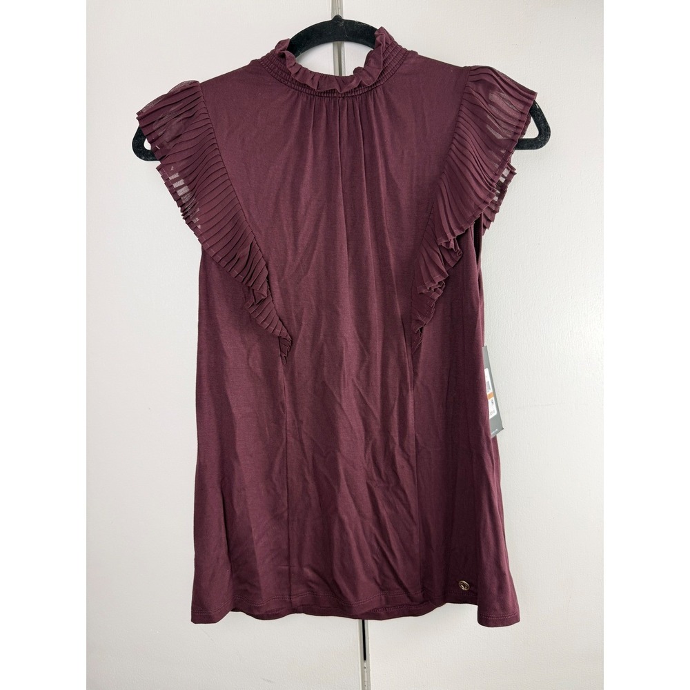 BCBG Burgundy Pleated Ruffle Mock Neck Top Sleeveless Romantic Small NWT